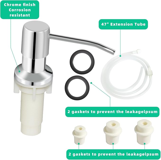Soap Dispenser for Kitchen Sink, Built in Sink Soap Dispenser, Countertop Soap Dispenser Pump with 47" Extension Tube kit, No Need to Fill Little Bottle Again, Chrome