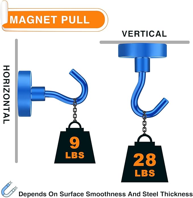 MIKEDE Magnetic Hooks Heavy Duty, 28LB+ Strong Magnets with Hook for Fridge, Neodymium Extra Strength Industrial Hooks for Hanging, Magnetic Hanger for Toolbox, Cruise, Grill(Blue,4 Pack)