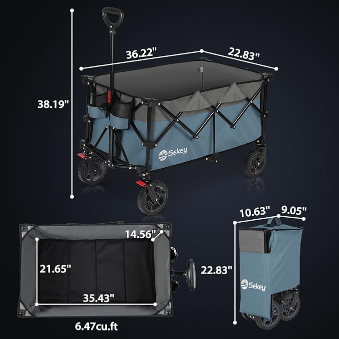 Sekey 220L Collapsible Foldable Wagon with 330lbs Weight Capacity, Heavy Duty Folding Wagon Cart with Big All-Terrain Wheels & Drink Holders (Blue&Grey)