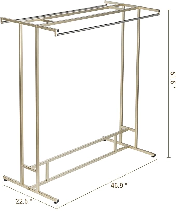 MyGift 4ft Tall Brass Tone Stainless Steel Freestanding Garment Rack, Heavy Duty Double Rod Clothes Closet Stand, Coat Dress Clothing Storage Display Shelf