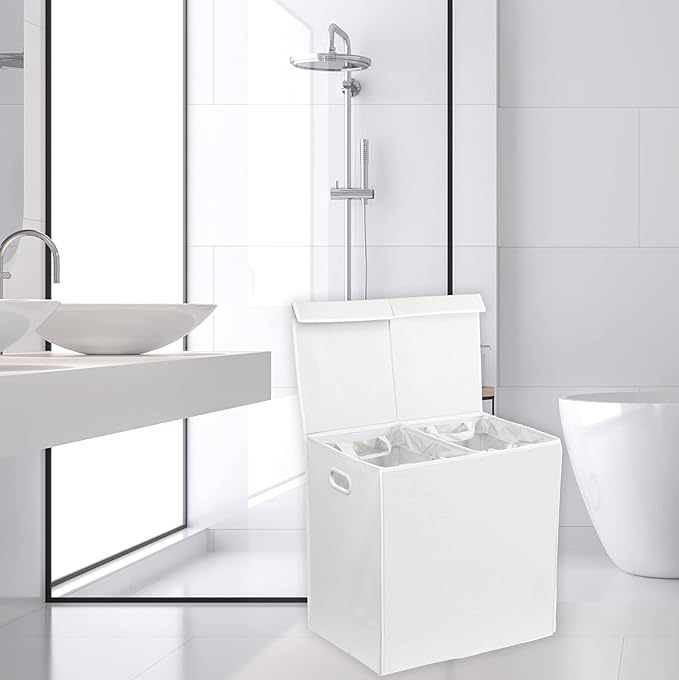 Simple Houseware Double Laundry Hamper with Lid and Removable Bags, White