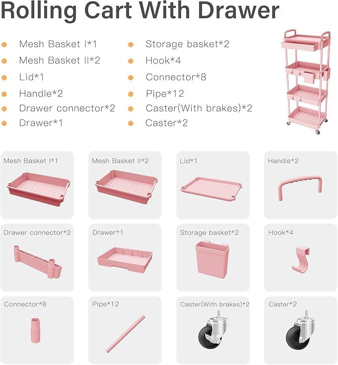 4 Tier Rolling Cart Organizer,Art Craft Diaper Bedside Snack Laundry Room Bathroom Organizer Narrow Thin Slim Rolling Trolley Utility Cart with Wheels for Kitchen,Office(Pink)