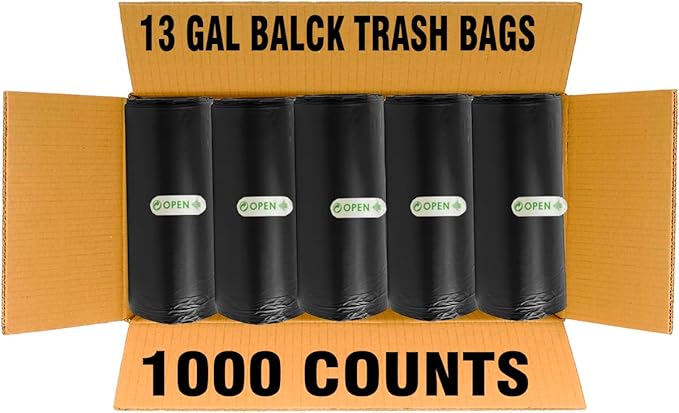 13 Gallon Trash Bags, 1000 Count Bulk Value Pack, Black Tall Kitchen Garbage bags, Multi-purpose Trash Can Bin Liners for Bathroom, Office, Industrial, Commercial, Janitorial, Municipal, Recycling