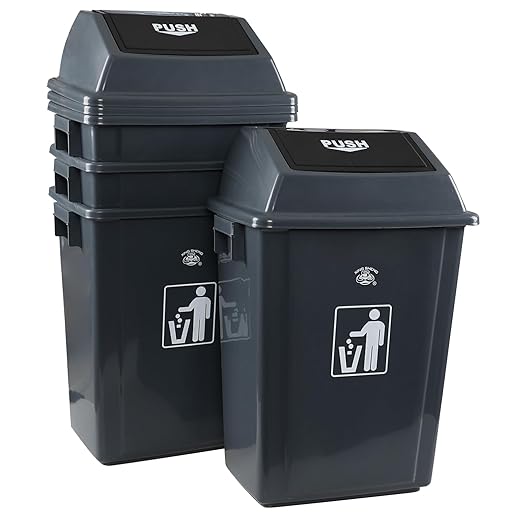 13 Gallon Swing Top Garbage Can, Plastic Waste Bin with Lid, Kitchen Trash Can, 4 Pack, Gray
