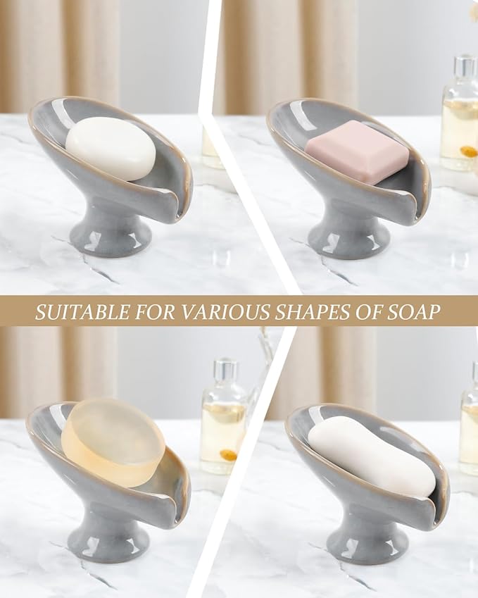 Soap Dish, Self Draining Bar Soap Holder for Bathroom Sink, Leaf Shaped Drainage Ceramic Porcelain Decorative Soap Dish, No Suction Cup, Kiln Stone Gray, ANTIS'S HOME