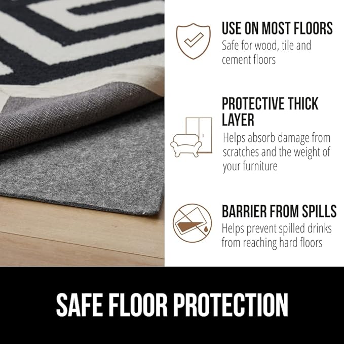 GORILLA GRIP Felt and Natural Rubber Stay in Place Slip Resistant Rug Pad, 1/8in Thick, 3x5 FT Protective Padding Under Area Rugs, Cushioned Gripper Pads, Carpet Runners, Hardwood Floors Protection