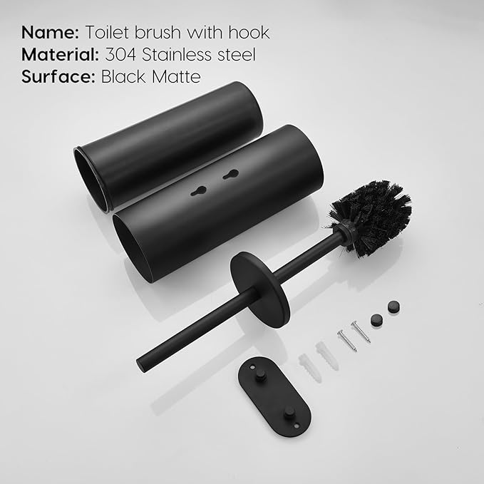 Toilet Bowl Brush and Holder, 304 Stainless Steel No-Punch Hook Base Dual Purpose Toilet Brush Holder with Removable Inner Bucket and Splash Cover - Soft Bristles (Black)