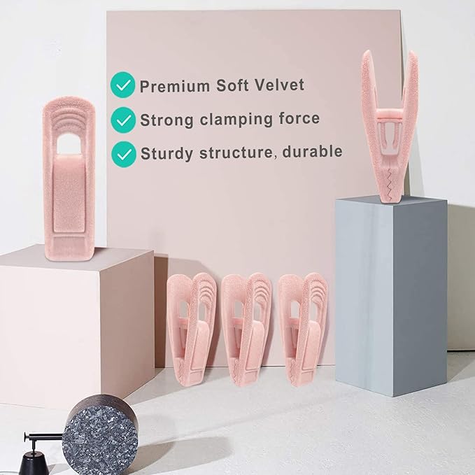 Light Pink Velvet Hanger Clips (60-Pack), Non-Slip Strong Hanger Clips for Velvet, Pants, Skirts & Thin Clothes