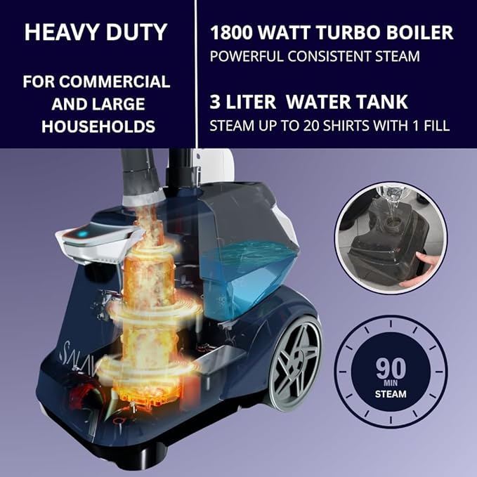SALAV Heavy Duty Commercial Full-Size Garment Steamer with Foot Pedals and Extra Large 3L (101.5 oz) Water Tank, 1800 watts of Poweful Steam (Navy)