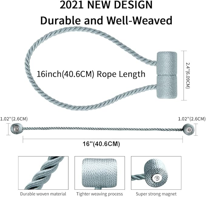 18 Inch Strong Magnetic Curtain Tiebacks, Curtain Holdbacks Modern Upgrade Strong 2021 New Twisted Style Decorative Drapery Rope Tie Backs(4 Pack Grey Blue)