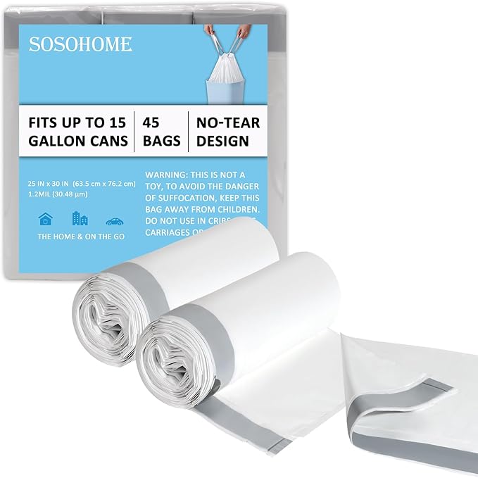 15 Gallon Tall Kitchen Trash Bags Drawstring - 1.2 Mil Thick White Garbage Bag for Office Kitchen, 45 Count