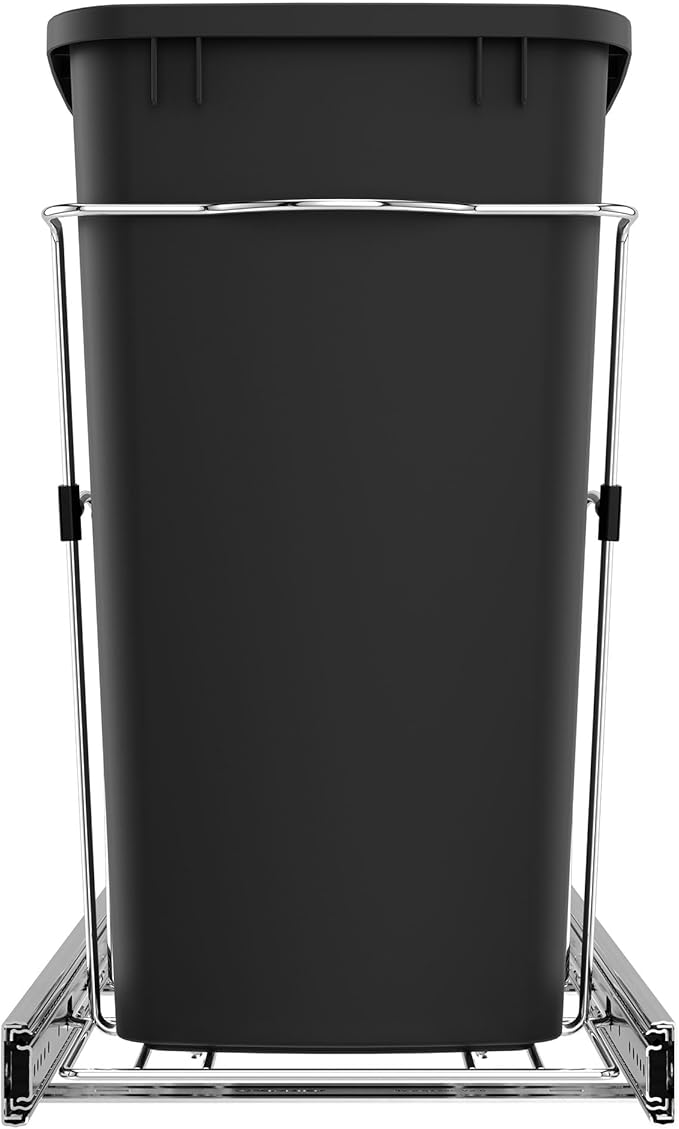 Rev-A-Shelf RV-12KD-18C S 35-Quart Chrome Wire Bottom Mount Pullout Kitchen Waste Trash Can Container Bin with Rear Storage, Black