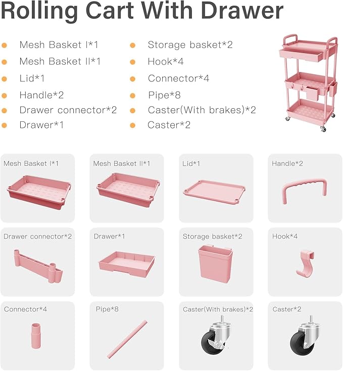 3 Tier Rolling Cart Organizer,Laundry Room Bathroom Organizers and Storage Office Shelves Mobile Shelving Unit Kitchen Trolley Cart with Wheels for Art,Craft,Diaper,Bedside,Snack(Pink)