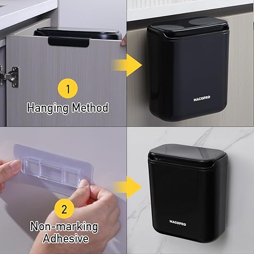 Compost Bin Hanging Trash Can with Lid Under Sink for Kitchen, Food Waste Bin for Countertop with Lid, Mountable Garbage Can for Bathroom, RV, 8L/2.6Gal