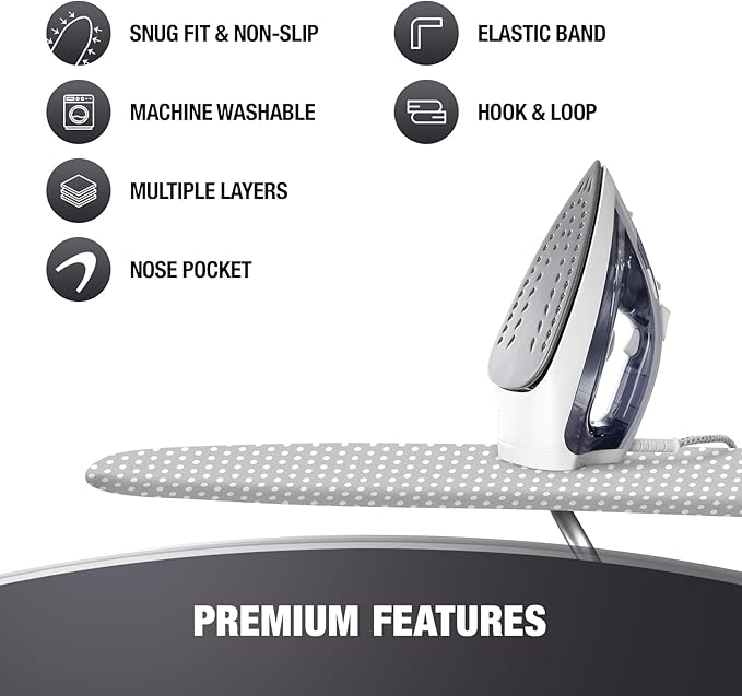 Extra Thick Ironing Board Covers with Pad Standard Size 15x54, Heat Reflective Full Scorch Resistant Padding, Snug Fit Non-Slip Nose Pocket Fastener Straps Elastic Edges, Gray Spotted