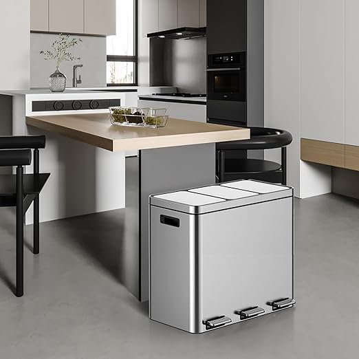 3 x 5.3 Gal (3 x 20L) Trash Can, Stainless Steel Triple Compartment Step-On Recycling Bin with Soft-Close Lids & Removable Plastic Inner Buckets for Kitchen, Home, Office