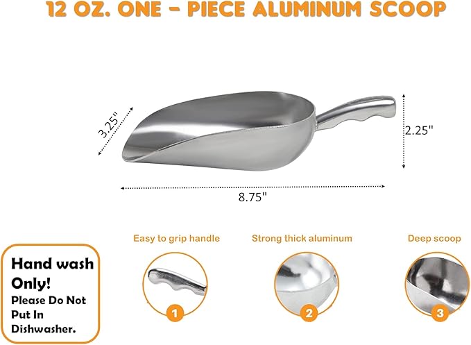 Cast Aluminum Utility Scoop - 12 oz. - Round Bottom, ice scoop For Multi-Purpose Use, With Finger Groove Handle (Hand Wash Only) (12 oz.)