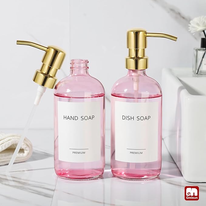 GMISUN Pink Soap Dispenser Bathroom, 2 Pack Kitchen Hand and Dish Soap Dispensers Set, 17 Fl Oz Pink Glass Soap Dispenser with Gold Pump, Refillable Modern Farmhouse Liquid Soap Pump Bottles