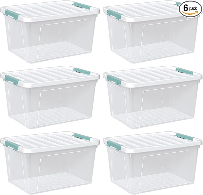 Zopnny 6-Pack 35 Quart Plastic Latch Storage Box with Lid, Stackable Latching Storage Bin, Clear