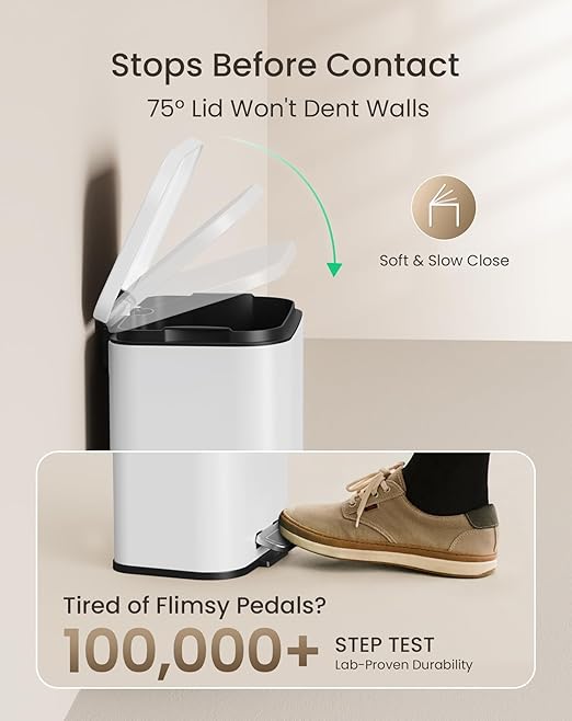 Cesun Small Bathroom Trash Can with Lid-1.3 Gal, Outdoor Stainless Steel Garbage Can for Dog Poop with Anti-Slip Base, for Bathroom, Bedroom, Office, RV, Living Room, White