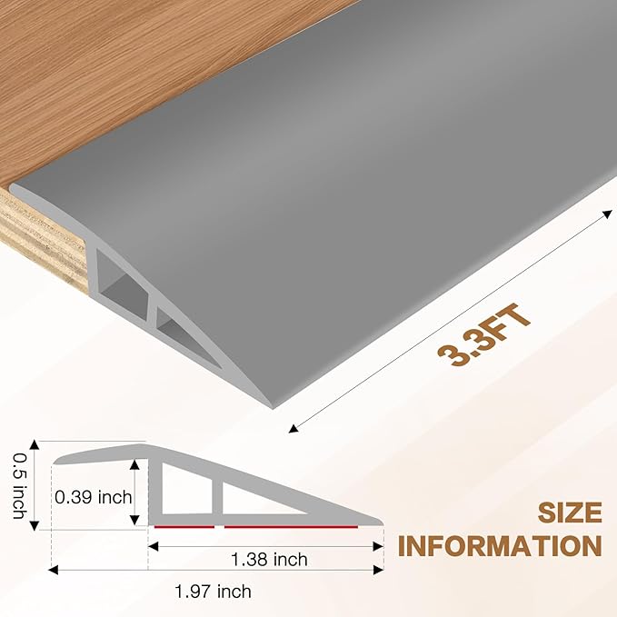 Floor Transition Strip Vinyl Door Threshold Ramp Self Adhesive Carpet Edging Strip Doorway Edge Trim, Overlap Edge Reducer for Laminate Carpet, Floor, Tile (Gray, 1/5" to 2/5", 3.3Ft)