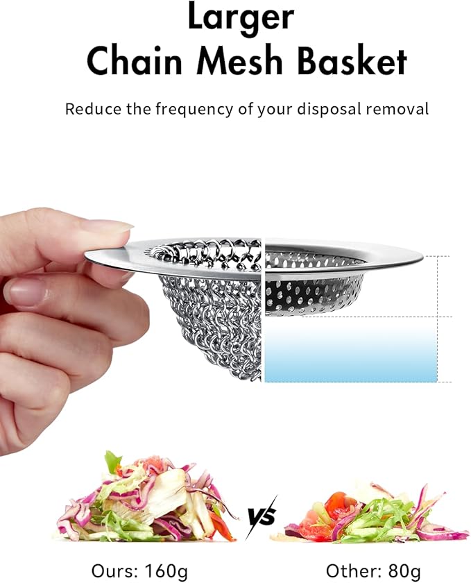 2 Pcs Sink Drain Strainer: Anti-Slip Flexible Chainlink, 304 Stainless Steel. Upgraded Clog-Free Kitchen Version, Easy-Clean Catcher for Garbage Disposal