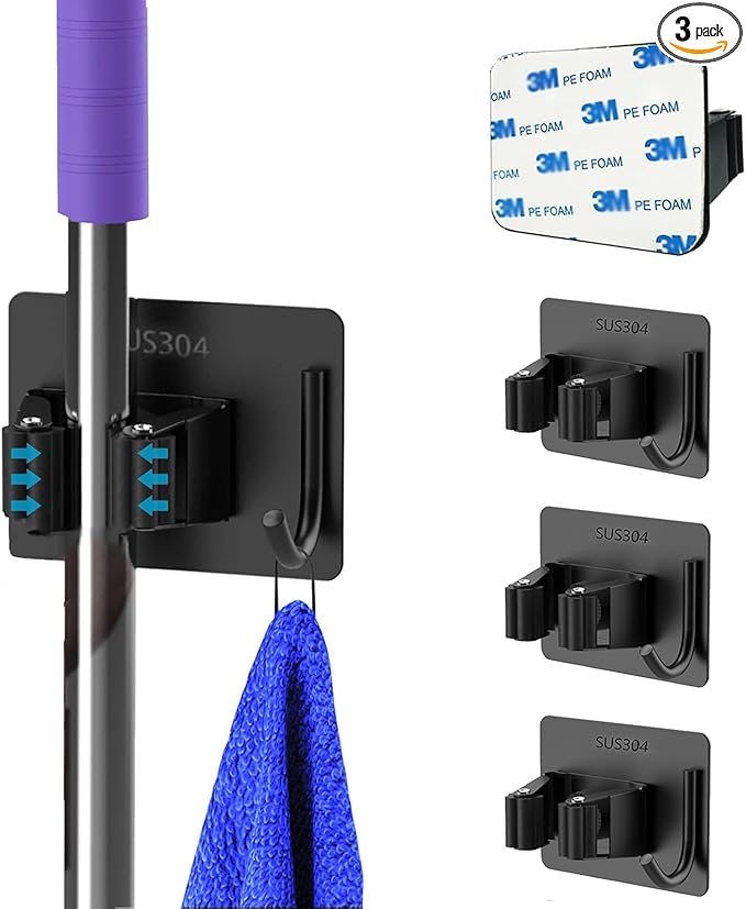 3 Pack Broom Holder Wall Mount,Stainless Steel Broom Holder with Hooks Screw, No Drill Self Adhesive Hanger Tool Rack Organizer for Closet Garage Laundry Room Kitchen Decor (Black) (3)
