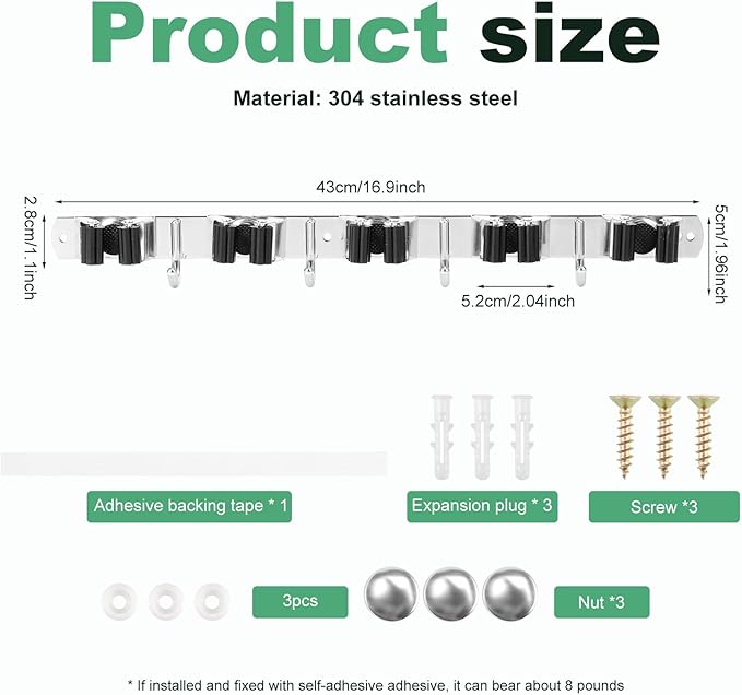 5Pcs 5 Racks 4 Hooks Stainless Steel Broom Mop Holder Anti Slip Wall Mount Broom Storage Rack Strong Load Bearing Waterproof Mop Broom Organizer for Bathroom Kitchen Garage