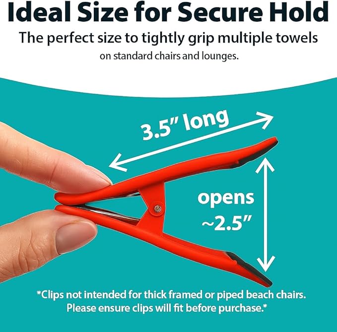 CoreClips Towel Clips for Beach Chairs - Set of 4 Pool Towel Holder Clips for Lounge Chairs on Cruise, Large 2.5” Opening Heavy Duty Clip for Towels on Boat Loungers with Travel Pouch - Red