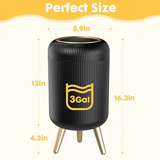 Bathroom Trash Can Automatic Touchless，3 Gallon Smart Motion Sensor Trash Bin with Lid，Plastic Black Garbage Can Wastebaskets with Removable Legs for Kitchen, Office, Toilet, Bedroom
