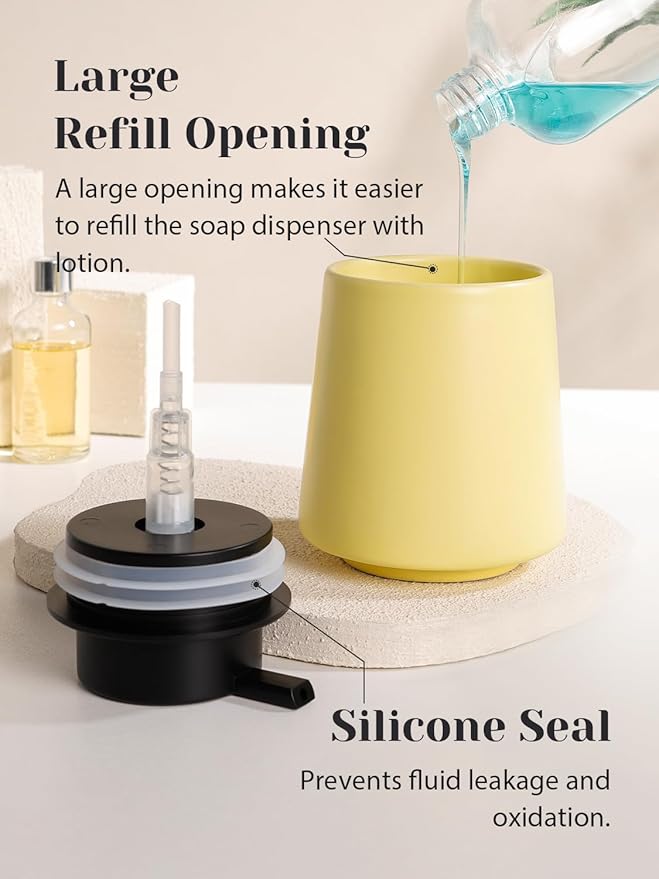 INGOFIN Ceramic Soap Dispenser, 14 oz Bathroom Hand Soap Dispenser, Liquid Dispenser with Pump, Refillable Modern Lotion Dish Dispenser for Kitchen, Matte Yellow