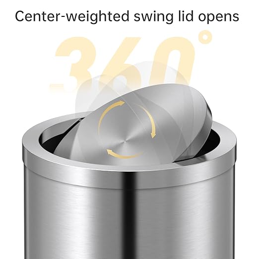 Mbillion Small Trash Can with Swing Lid 2.4 Gallons/9 Liter, Mini Trash Can with lid, Stainless Steel Cylindrical Garbage Can for Home and Office, for Ground and Desktop(Brushed Silver)