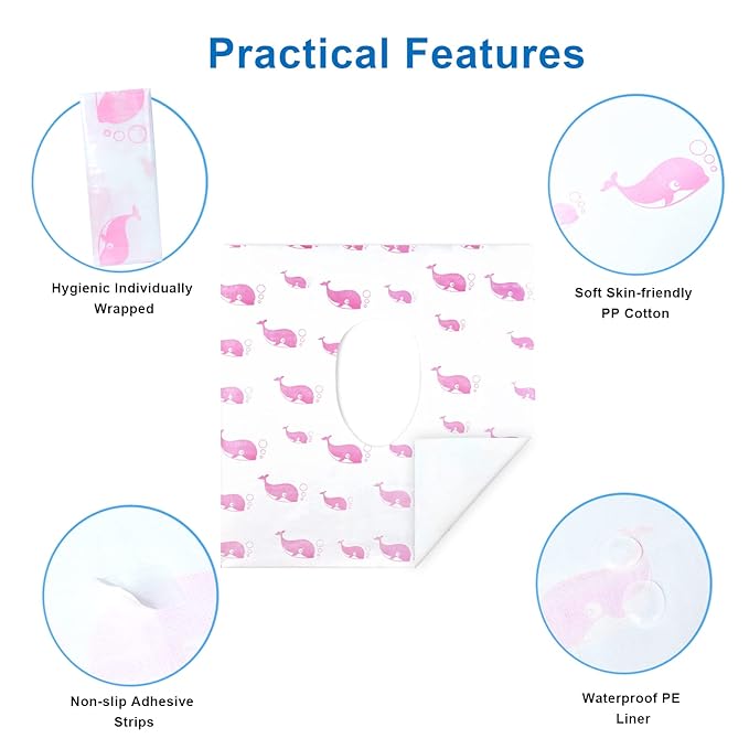 21 Pack Toilet Seat Covers Disposable, Extra Large Disposable Toilet Seat Covers for Adults, Individually Wrapped Potty Training Liners with Non-Slip Adhesives for Kids in Home, Restrooms&Travel -Pink