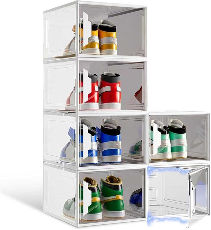 X-Large Stackable Shoe Boxes - Clear Plastic Shoe Storage Boxes with Magnetic Door, Thicken Shoe Organizer for Closet, Space Saving Foldable Shoe Containers Bins for Sneaker Boot - 6 Pack(White)