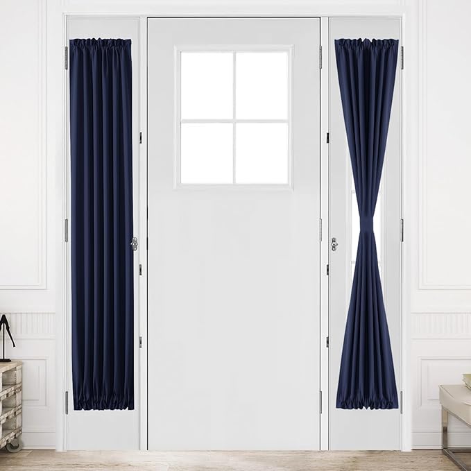 DWCN French Door Curtains – Rod Pocket Thermal Blackout Curtain for Doors with Glass Window, Kitchen and Patio Doors for Privacy, 12 X 72 Inches Long, 1 Curtain Panel with Tieback, Navy Blue