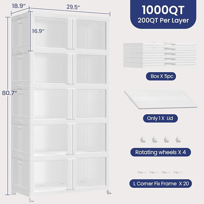 1000Qt Stackable Storage Bins with Lid and Wheel, 250Gal Plastic Closet Organizer and Storage Drawer, Large Collapsible Storages Box Cabinet with Clear Door for Home Kitchen, 5Pack White