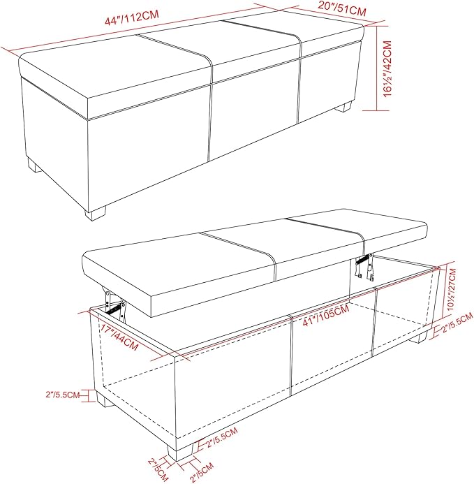 SIMPLIHOME Avalon 44 inch Wide Contemporary Rectangle Lift Top Rectangular Storage Ottoman in Tanners Brown Vegan Faux Leather, Assembled, for the Living Room, Entryway and Family Room.