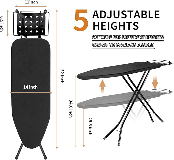 Ironing Board,52x14 Inch Iron Board with Steam Rest, Heavy Duty Metal Frame Legs Ironing Table with Heat Resistant Cover Mat, Foldable Full Size Hanger Ironing Stand, 5 Adjustable Height, Black