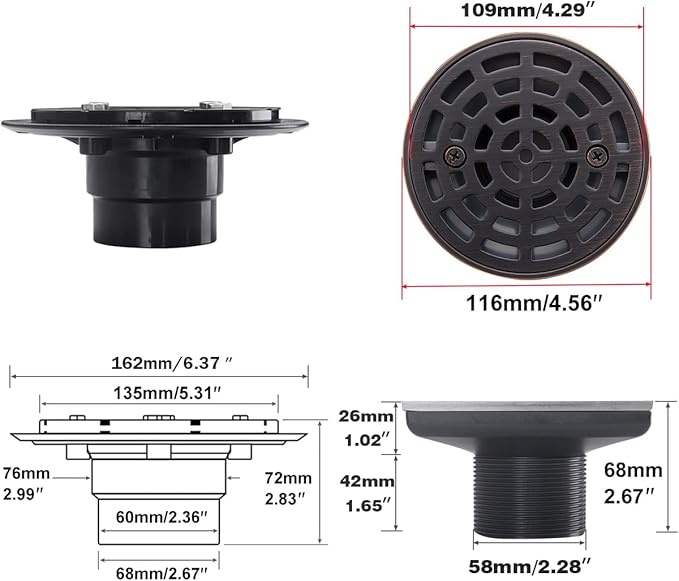 RANDOM Round Shower Drain SUS304 Stainless Steel Oil Rubbed Bronze Shower Drain 4 inch with Adjustable PVC Base Flange,Shower Floor Drain with Removable Cover Grid Grate