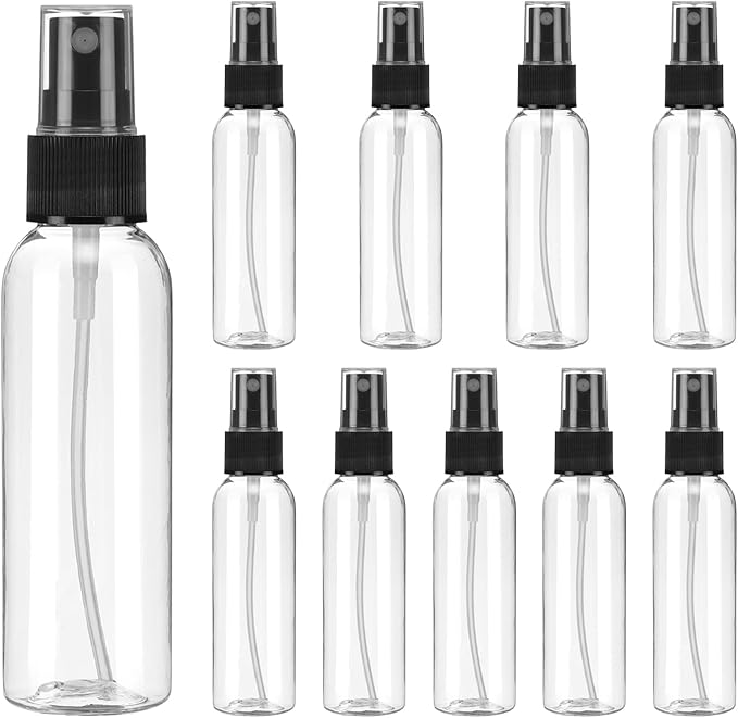 uxcell 10 Pack Spray Bottles, 2 Oz/60ML Clear Empty Mist Plastic Mini Travel Bottle Set,Small Refillable Liquid Containers for Household Use, Essential Oil, Cleaning (Transparent Black)