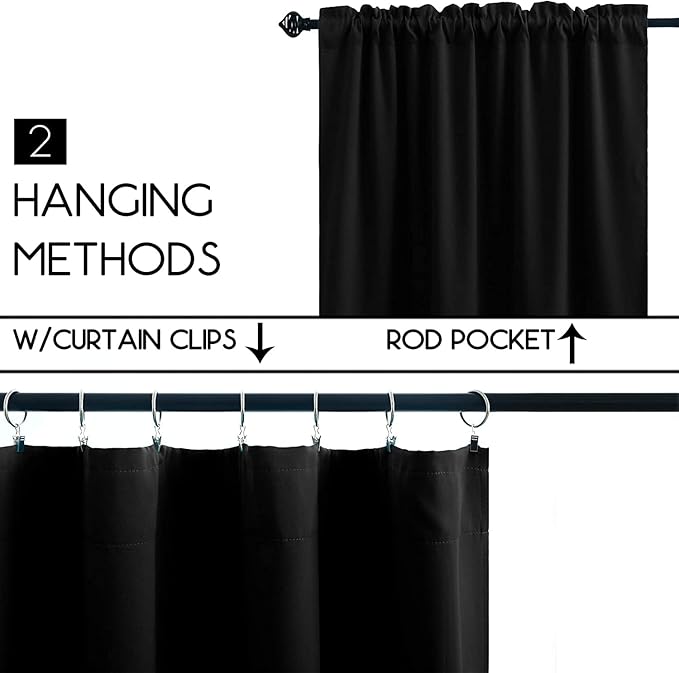 Pickluc Blackout Curtains 45 Inches Long 2 Panels, Room Darkening Tiers with Rod Pocket, Short Black Out Curtain for Small Window, 42" Wide and 45" Length, Set of Two, Black.