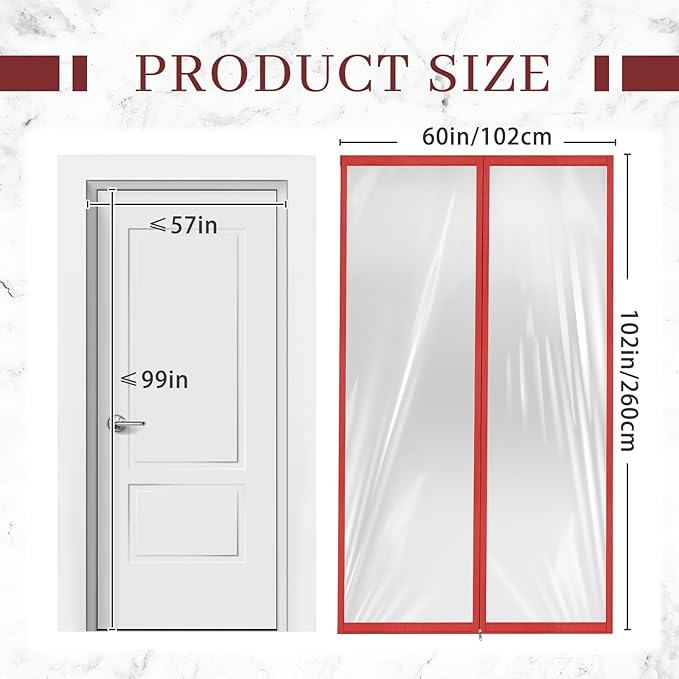 Amylove Zipper 60 x 102 Inch Dust Barrier Kit Red Edged Temporary Construction Door Barrier 5 x 8.5 ft Reusable Plastic Curtain Cover Containment Doorway Wall Screen Sheeting for Bathroom Hallway