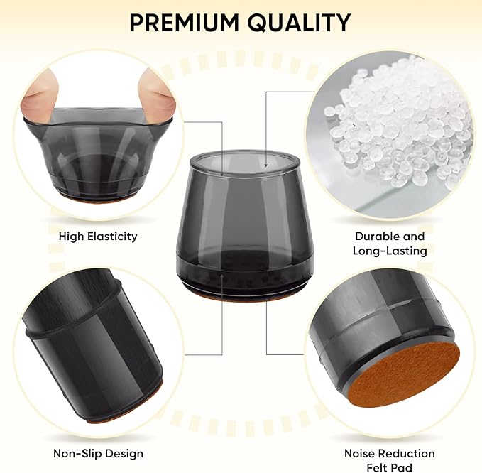BALEINE 16 Pack Silicone Chair Leg Floor Protectors, Stool Leg Protectors Cap, Non-Slip Chair Leg Caps for Hardwood Floors (Black & Large, 16 Pack)