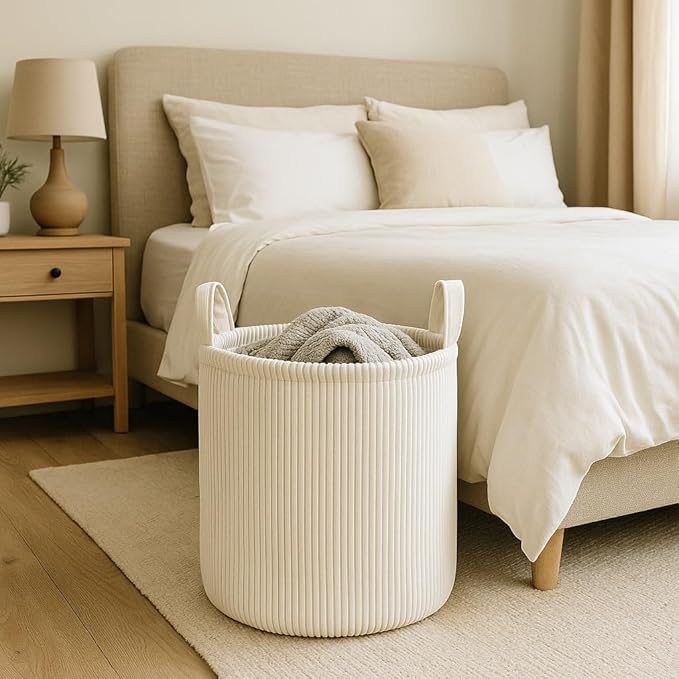 PUTSKA Blanket Basket – Round Storage for Toys and Blankets, Clothes, Stuffed Animals – Soft Baby Girl Basket for Nursery, Kids Room, Bedroom, Living Room – Large, Cream
