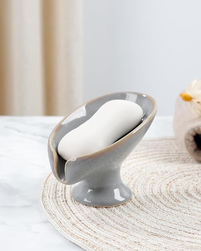 Soap Dish, Self Draining Bar Soap Holder for Bathroom Sink, Leaf Shaped Drainage Ceramic Porcelain Decorative Soap Dish, No Suction Cup, Kiln Stone Gray, ANTIS'S HOME