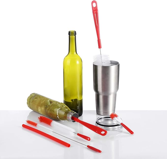 ALINK 5-Pack Red Bottle Brush Cleaner Set - Long Large Cleaing Brush for Narrow Neck Wine/Beer Bottles/ Flask/ Thermos/ Hummingbird Feeder/ Sport Well, Spout/Lid Brush, Straw Brush