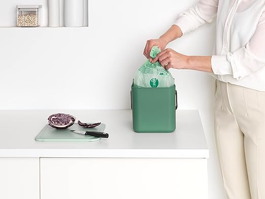 Brabantia Sort & Go Food Trash Can (1.6 Gal/Fir Green) Small Countertop Kitchen Compost Caddy with Handle & Removable Lid, Easy Clean, Fixtures Included for Wall/Cupboard Mounting