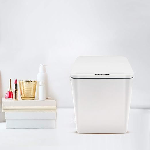 Automatic Small Countertop Trash Can with Lid, 1.5 Gal/6L Toucheless Mini Waste Bin for Office Desk/Bedside Table/Coffee Bar -Batteries, White
