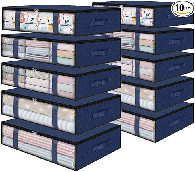 StorageRight Under Bed Storage Bins, 10-Pack 40L Foldable Fabric Storage Bags with Transparent Window, Breathable Organizer for Clothes/Blanket/Comforter/Quilt, Blue