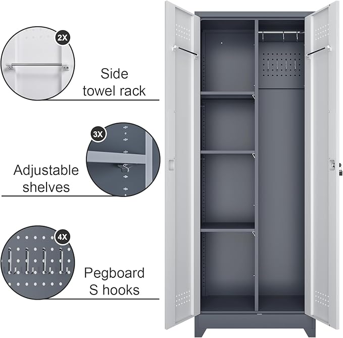Broom Closet, Metal Storage Cabinet with Hanging Rod, 65" Broom Tool Organizer, Metal Cabinet with Doors and Shelves, Tall Cleaning Storage for Home, Office, Garage, Balcony